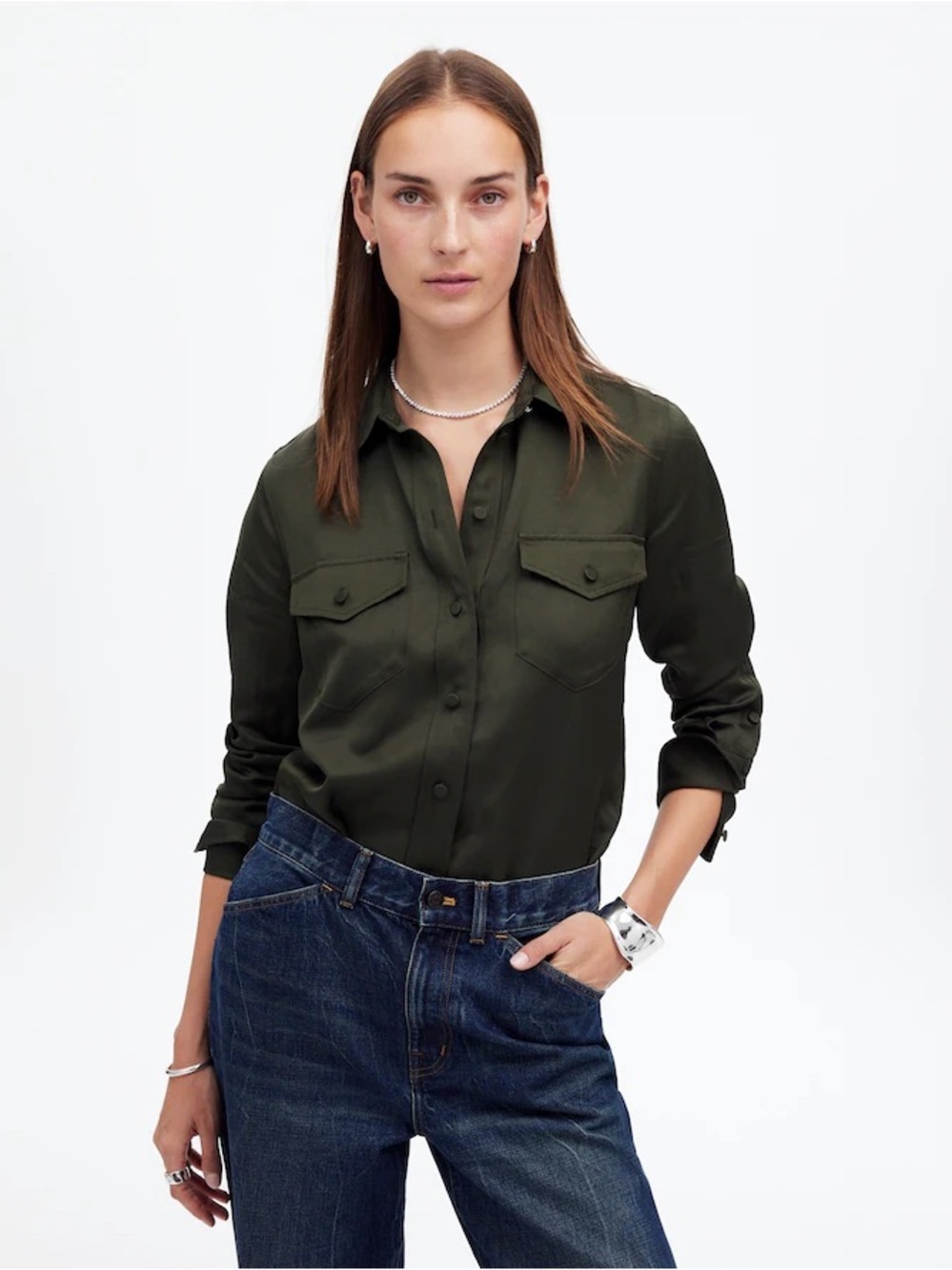 NWT Madewell Western Button Down Shirt Linen Blend Mossy Green Utility Size 8